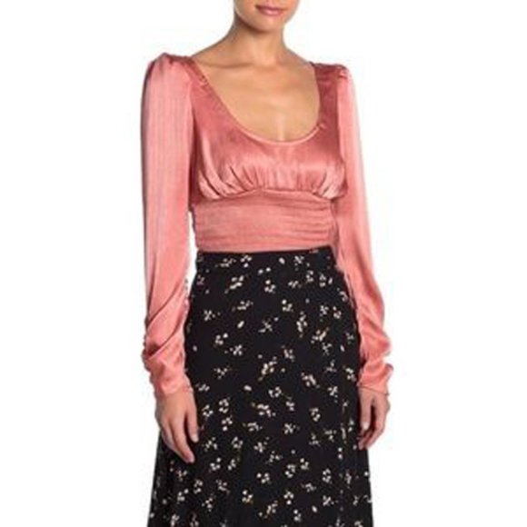 Free People Santiago Blouse long sleeve satin smocked bodice Cinnamon Pink - Picture 11 of 12